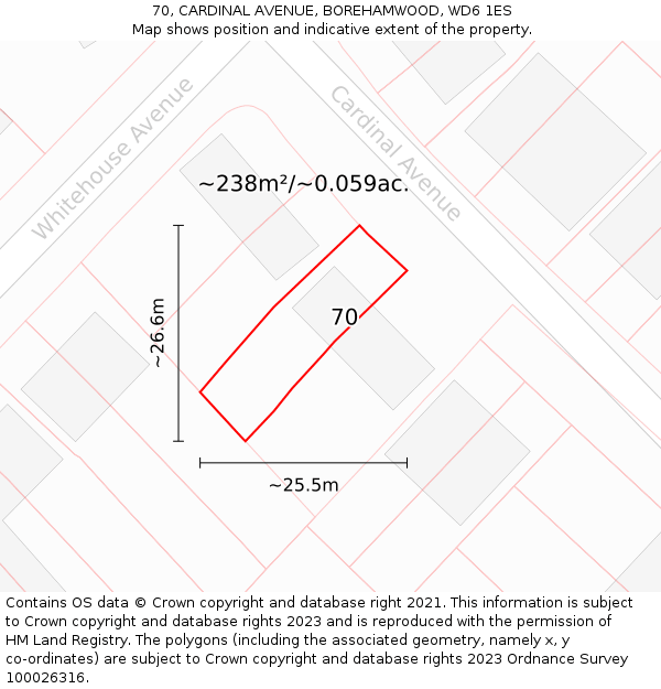 70, CARDINAL AVENUE, BOREHAMWOOD, WD6 1ES: Plot and title map