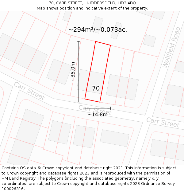 70, CARR STREET, HUDDERSFIELD, HD3 4BQ: Plot and title map