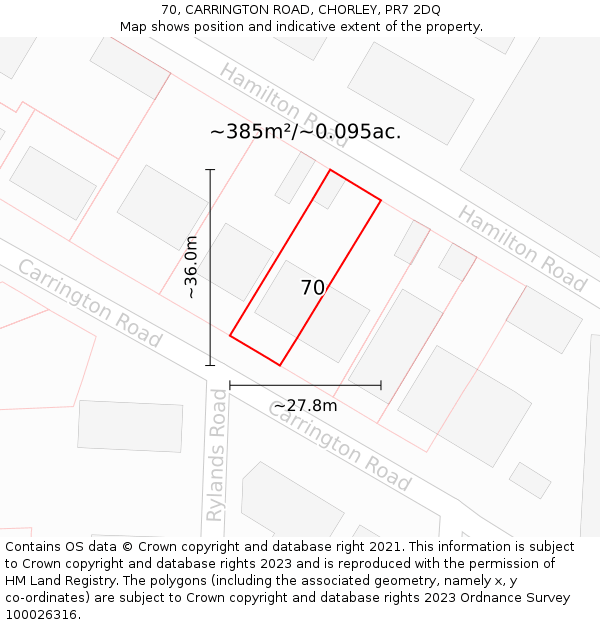 70, CARRINGTON ROAD, CHORLEY, PR7 2DQ: Plot and title map