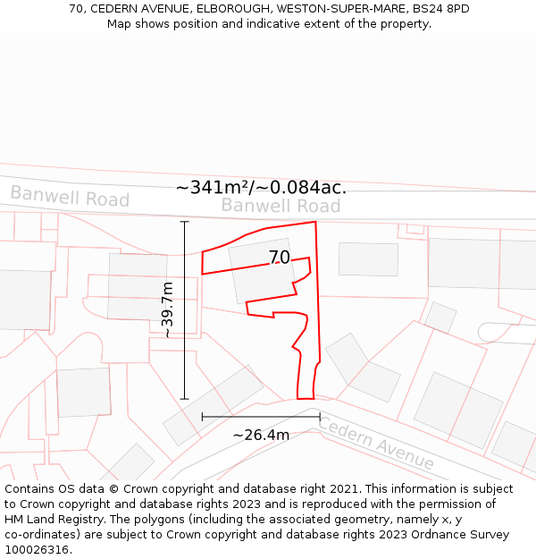 70, CEDERN AVENUE, ELBOROUGH, WESTON-SUPER-MARE, BS24 8PD: Plot and title map