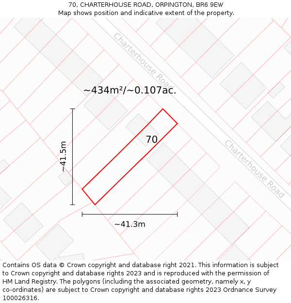 70, CHARTERHOUSE ROAD, ORPINGTON, BR6 9EW: Plot and title map