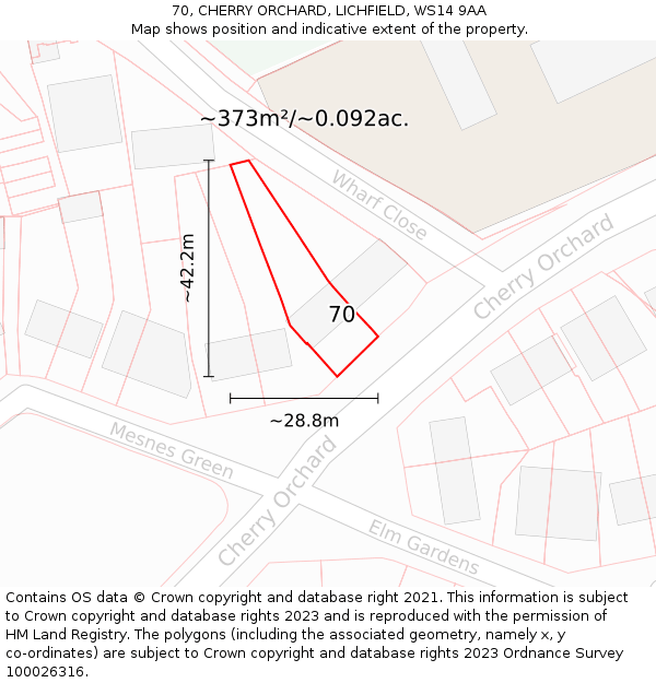 70, CHERRY ORCHARD, LICHFIELD, WS14 9AA: Plot and title map