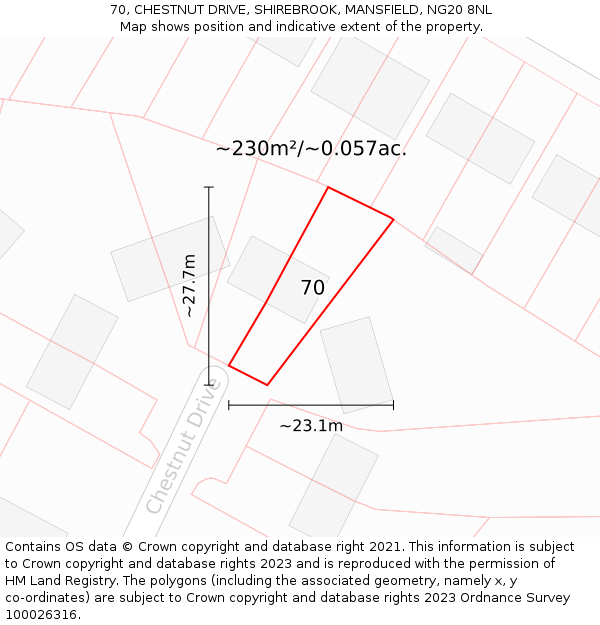 70, CHESTNUT DRIVE, SHIREBROOK, MANSFIELD, NG20 8NL: Plot and title map
