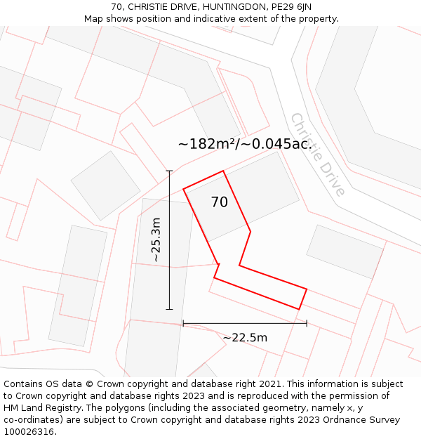 70, CHRISTIE DRIVE, HUNTINGDON, PE29 6JN: Plot and title map