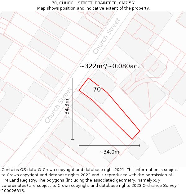 70, CHURCH STREET, BRAINTREE, CM7 5JY: Plot and title map