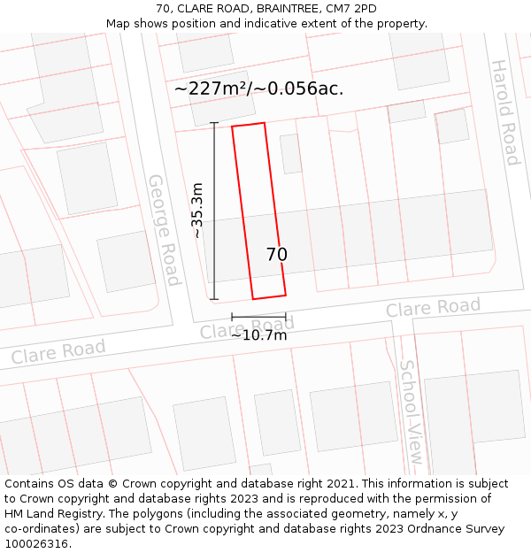 70, CLARE ROAD, BRAINTREE, CM7 2PD: Plot and title map