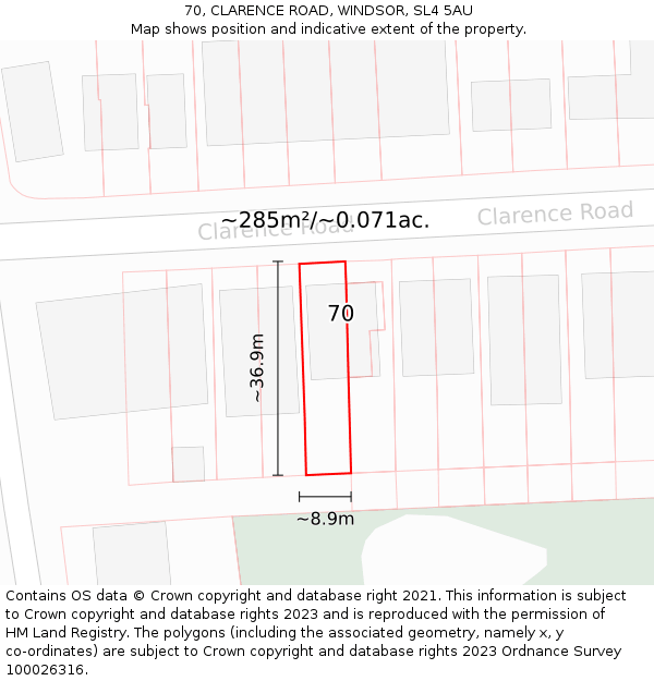 70, CLARENCE ROAD, WINDSOR, SL4 5AU: Plot and title map