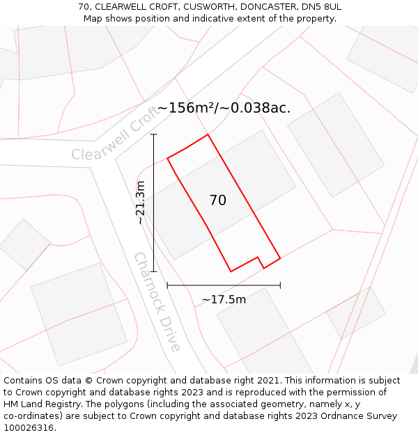 70, CLEARWELL CROFT, CUSWORTH, DONCASTER, DN5 8UL: Plot and title map
