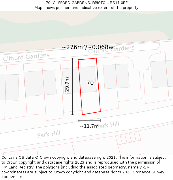 70, CLIFFORD GARDENS, BRISTOL, BS11 0EE: Plot and title map
