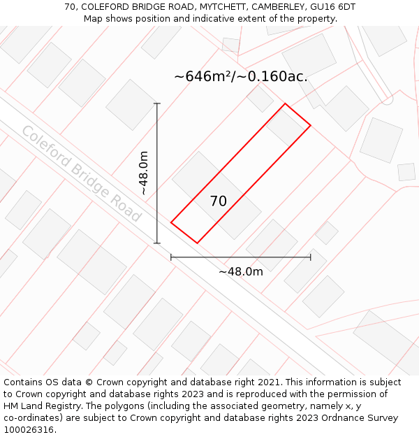 70, COLEFORD BRIDGE ROAD, MYTCHETT, CAMBERLEY, GU16 6DT: Plot and title map