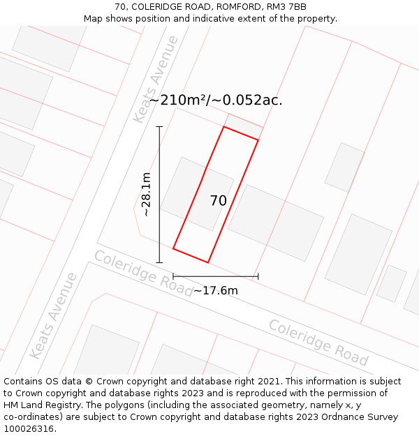 70, COLERIDGE ROAD, ROMFORD, RM3 7BB: Plot and title map