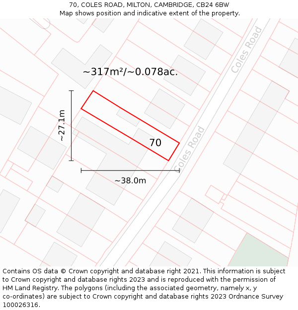 70, COLES ROAD, MILTON, CAMBRIDGE, CB24 6BW: Plot and title map