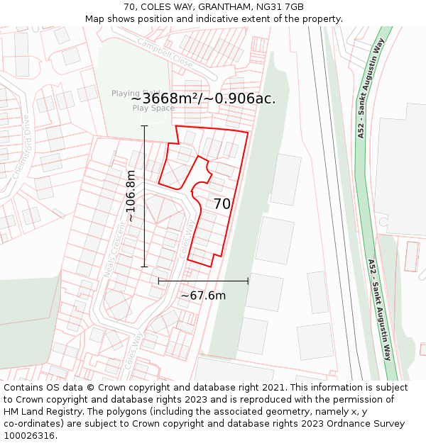 70, COLES WAY, GRANTHAM, NG31 7GB: Plot and title map