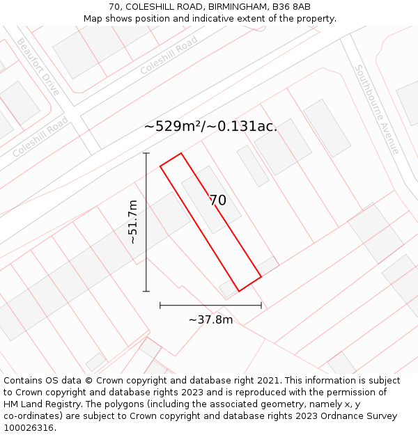 70, COLESHILL ROAD, BIRMINGHAM, B36 8AB: Plot and title map