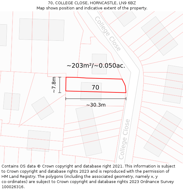 70, COLLEGE CLOSE, HORNCASTLE, LN9 6BZ: Plot and title map
