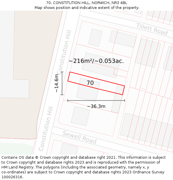 70, CONSTITUTION HILL, NORWICH, NR3 4BL: Plot and title map