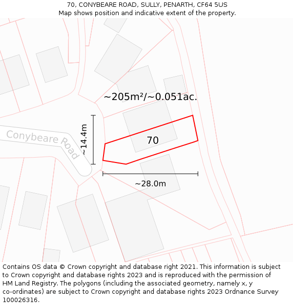 70, CONYBEARE ROAD, SULLY, PENARTH, CF64 5US: Plot and title map
