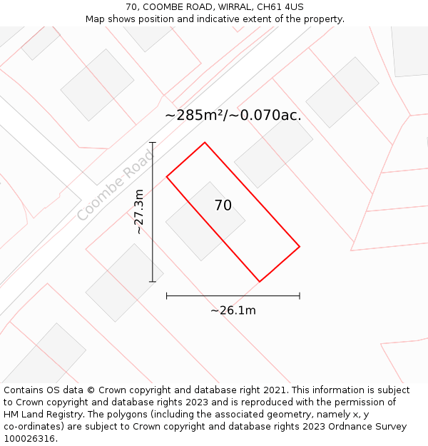 70, COOMBE ROAD, WIRRAL, CH61 4US: Plot and title map