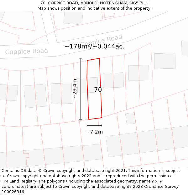 70, COPPICE ROAD, ARNOLD, NOTTINGHAM, NG5 7HU: Plot and title map