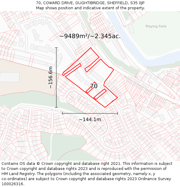 70, COWARD DRIVE, OUGHTIBRIDGE, SHEFFIELD, S35 0JP: Plot and title map