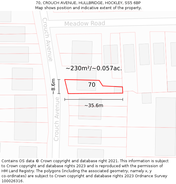 70, CROUCH AVENUE, HULLBRIDGE, HOCKLEY, SS5 6BP: Plot and title map