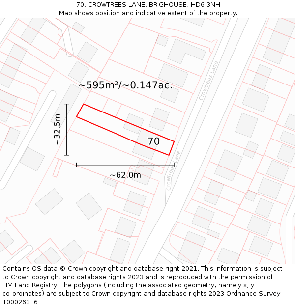 70, CROWTREES LANE, BRIGHOUSE, HD6 3NH: Plot and title map