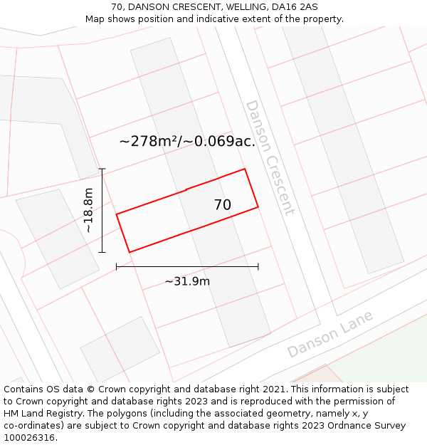 70, DANSON CRESCENT, WELLING, DA16 2AS: Plot and title map