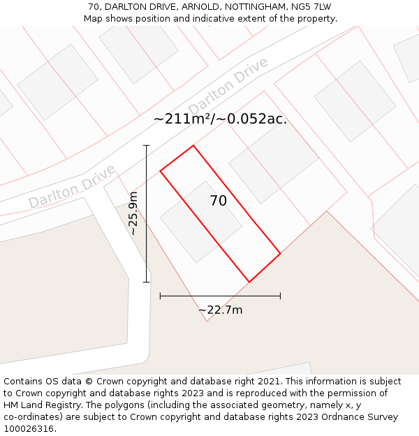 70, DARLTON DRIVE, ARNOLD, NOTTINGHAM, NG5 7LW: Plot and title map