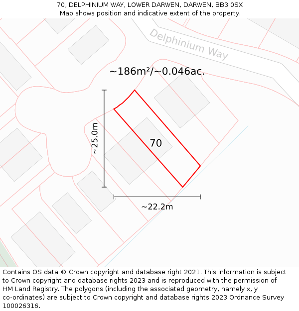 70, DELPHINIUM WAY, LOWER DARWEN, DARWEN, BB3 0SX: Plot and title map