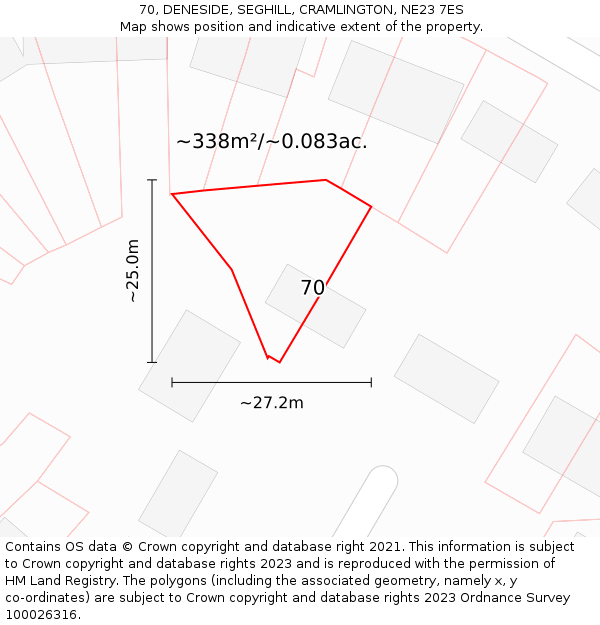 70, DENESIDE, SEGHILL, CRAMLINGTON, NE23 7ES: Plot and title map