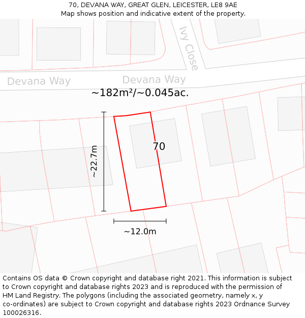 70, DEVANA WAY, GREAT GLEN, LEICESTER, LE8 9AE: Plot and title map