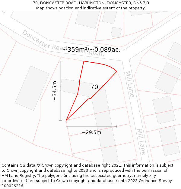70, DONCASTER ROAD, HARLINGTON, DONCASTER, DN5 7JB: Plot and title map