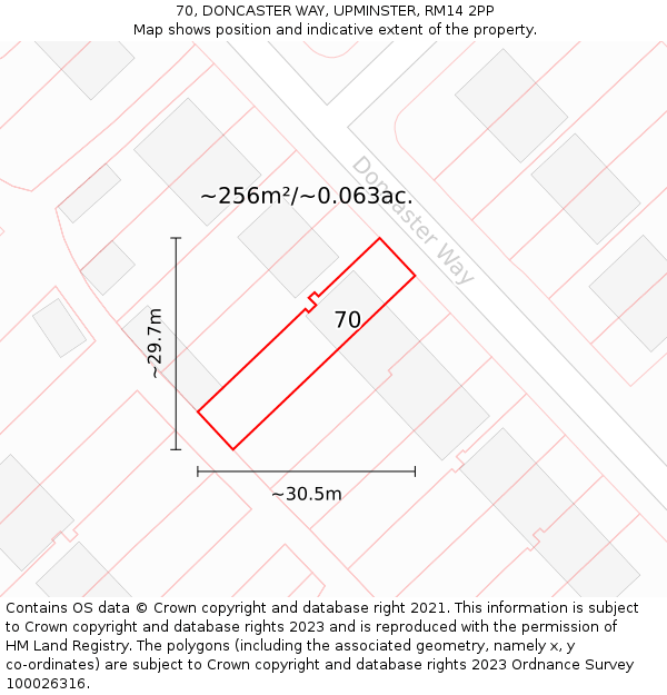 70, DONCASTER WAY, UPMINSTER, RM14 2PP: Plot and title map