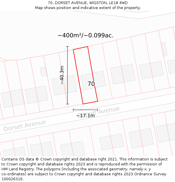 70, DORSET AVENUE, WIGSTON, LE18 4WD: Plot and title map