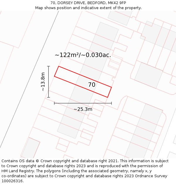 70, DORSEY DRIVE, BEDFORD, MK42 9FP: Plot and title map