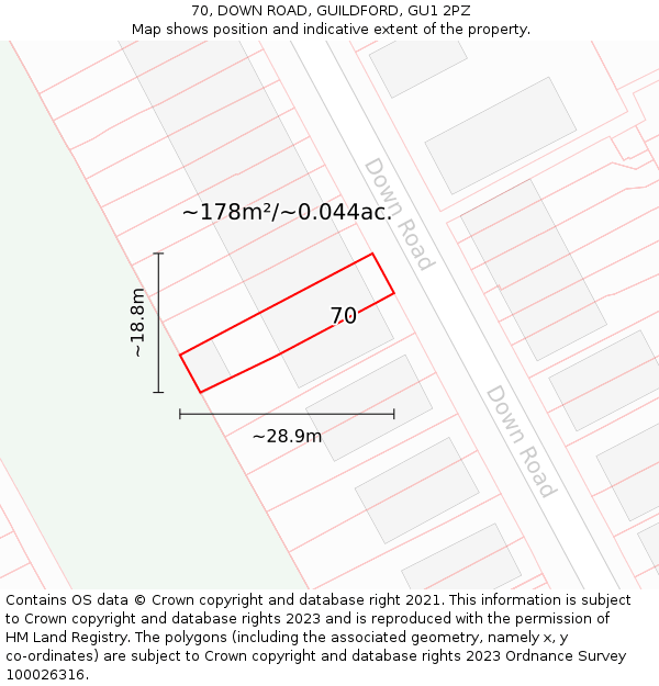70, DOWN ROAD, GUILDFORD, GU1 2PZ: Plot and title map