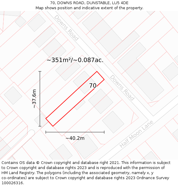 70, DOWNS ROAD, DUNSTABLE, LU5 4DE: Plot and title map