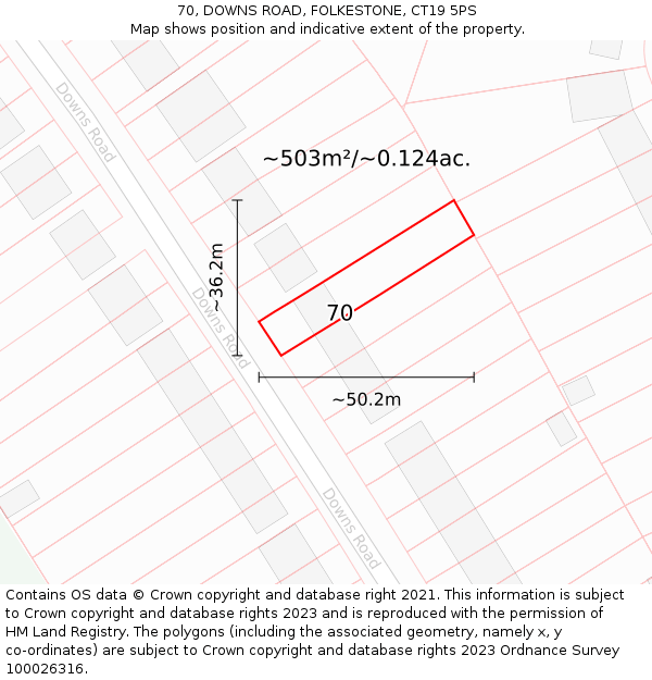 70, DOWNS ROAD, FOLKESTONE, CT19 5PS: Plot and title map