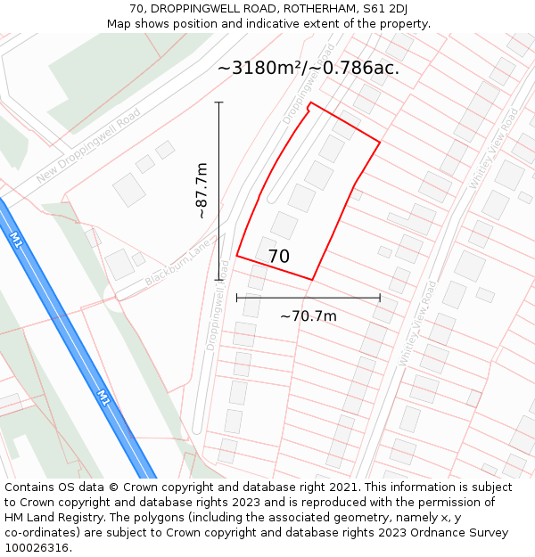 70, DROPPINGWELL ROAD, ROTHERHAM, S61 2DJ: Plot and title map