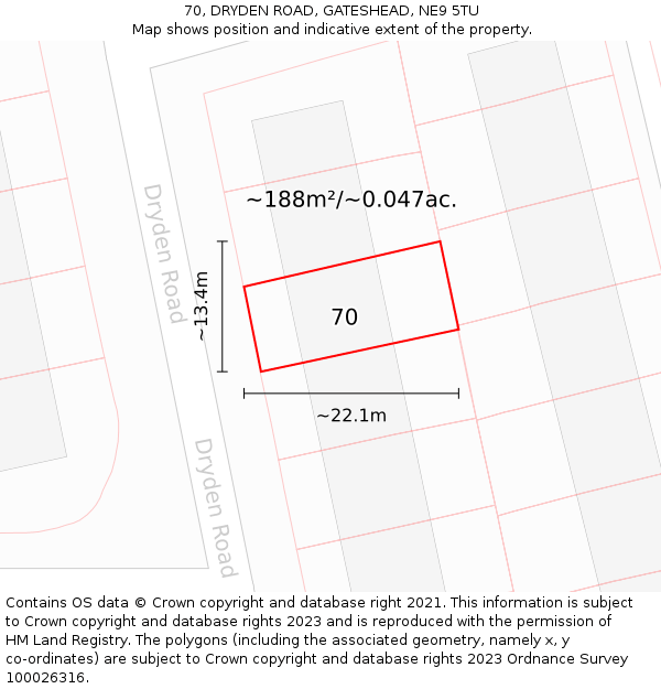 70, DRYDEN ROAD, GATESHEAD, NE9 5TU: Plot and title map