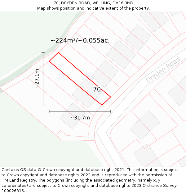 70, DRYDEN ROAD, WELLING, DA16 3ND: Plot and title map