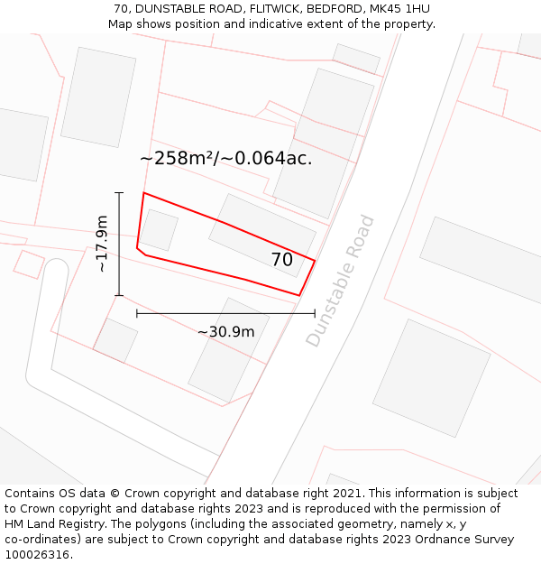 70, DUNSTABLE ROAD, FLITWICK, BEDFORD, MK45 1HU: Plot and title map