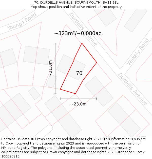 70, DURDELLS AVENUE, BOURNEMOUTH, BH11 9EL: Plot and title map