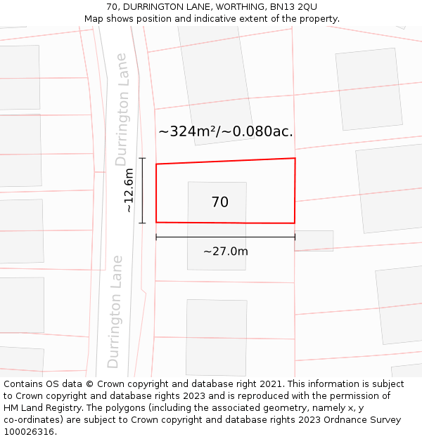 70, DURRINGTON LANE, WORTHING, BN13 2QU: Plot and title map