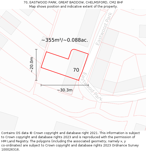 70, EASTWOOD PARK, GREAT BADDOW, CHELMSFORD, CM2 8HF: Plot and title map