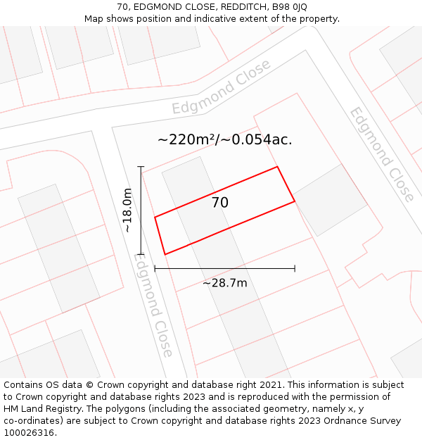 70, EDGMOND CLOSE, REDDITCH, B98 0JQ: Plot and title map