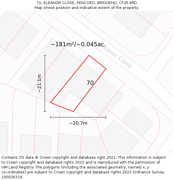 70, ELEANOR CLOSE, PENCOED, BRIDGEND, CF35 6RD: Plot and title map