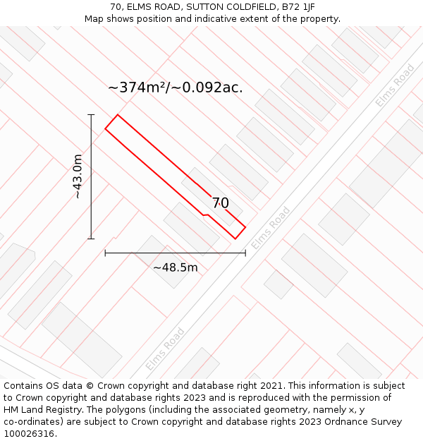 70, ELMS ROAD, SUTTON COLDFIELD, B72 1JF: Plot and title map