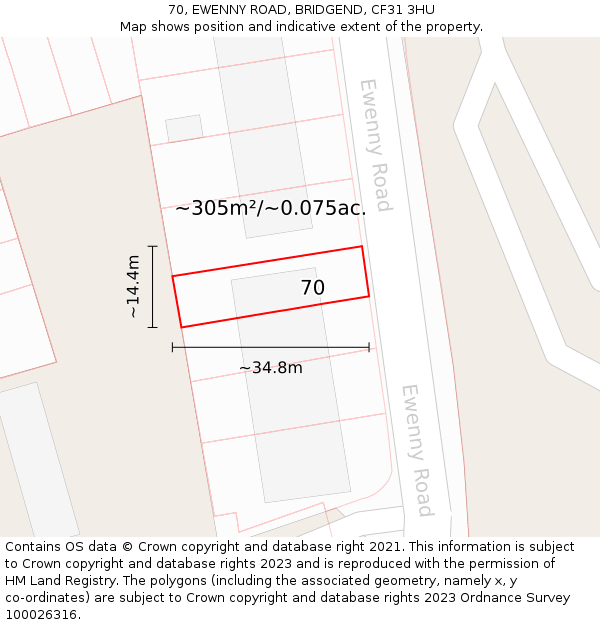 70, EWENNY ROAD, BRIDGEND, CF31 3HU: Plot and title map
