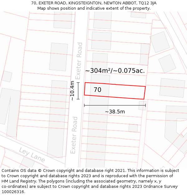 70, EXETER ROAD, KINGSTEIGNTON, NEWTON ABBOT, TQ12 3JA: Plot and title map